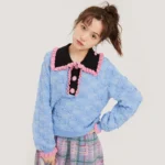 Polo neck ruffle lantern sleeve sweater