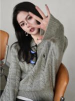 Gray embroidered pony twist round neck pullover sweater women's autumn and winter with soft glutinous knitwear base top spring and autumn - Image 5
