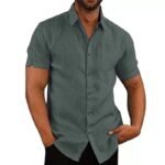 Foreign Trade Cross-border Amazon Hot Sale Summer Lapel Solid Color Short Sleeve Button Men's Linen Shirt