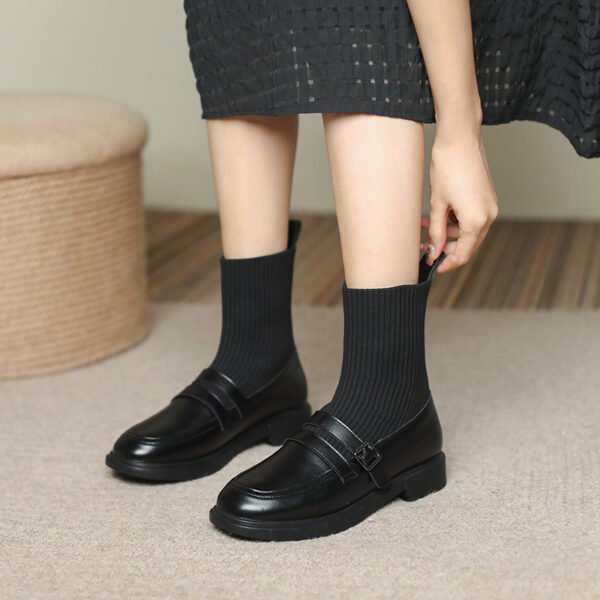 Delicate and thin real leather fake two-wear socks small leather shoes knitted flat single shoes commuting all-match soft bottom women's single shoes