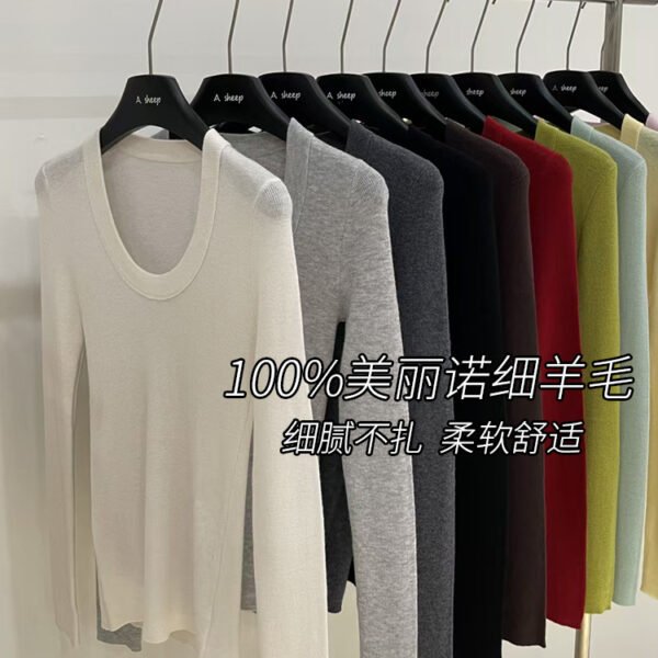 Worsted 100 fine wool low U neck knitted base shirt women's slim and thin commuter sweater with 21 colors of Korean version