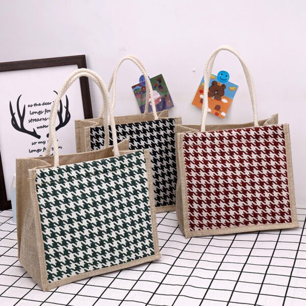 Japanese hand-held canvas women's bag trendy Korean cartoon printing bento handbag large-capacity simple check linen bag