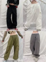 Dudusttudio Japanese retro large pocket loose drawstring bundle foot overalls casual trousers street men and women