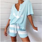 European and American popular V-neck anchor pattern printing short-sleeved tops, wide-leg pants, shorts, loose and thin suits for women - Image 2