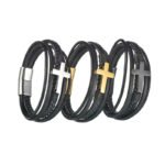 Cross border hot sale punk cross leather bracelet men's multi-layer hand-woven rope magnet clasp bracelet jewelry