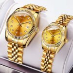 Diamond Face Steel Strap Date Watch Women's Simple Casual Student Fashion Quartz Gold Set Men's Watch Couple