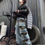 Vintage knife cut hole camouflage patchwork wide leg jeans