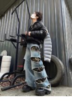 Vintage knife cut hole camouflage patchwork wide leg jeans