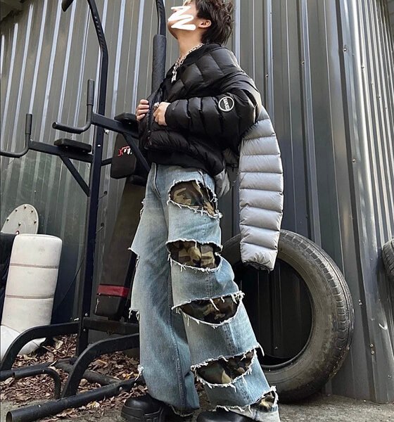 Vintage knife cut hole camouflage patchwork wide leg jeans