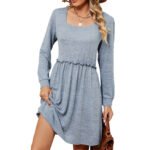 Solid color square neck long sleeved waistband loose fitting dress - Image 4