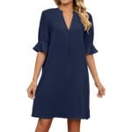 Solid V-neck Loose Pleated 5/4 Sleeve Dress - Image 4