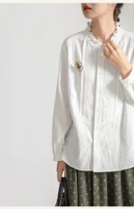 Lace collar Japanese shirt women's early spring design sense niche embroidery long-sleeved shirt sweet wood ear edge stand-up collar top - Image 2