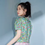 Fragmented lace patchwork doll neck cotton short sleeve shirt - Image 3