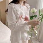 Korean foreign trade ladies ins cotton double-layer gauze new French style solid color pajamas long-sleeved round neck home service suit - Image 7