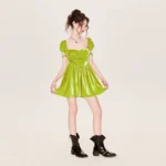 Square neck velvet short sleeve dress