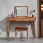 Solid wood dressing table makeup mirror stool storage cabinet integrated bedroom modern minimalist ash light luxury makeup table - Image 4