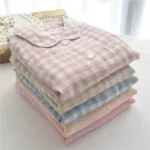 Cotton pajamas women's spring and summer double-layer cotton yarn long-sleeved Japanese style simple loose plaid home service thin trousers suit