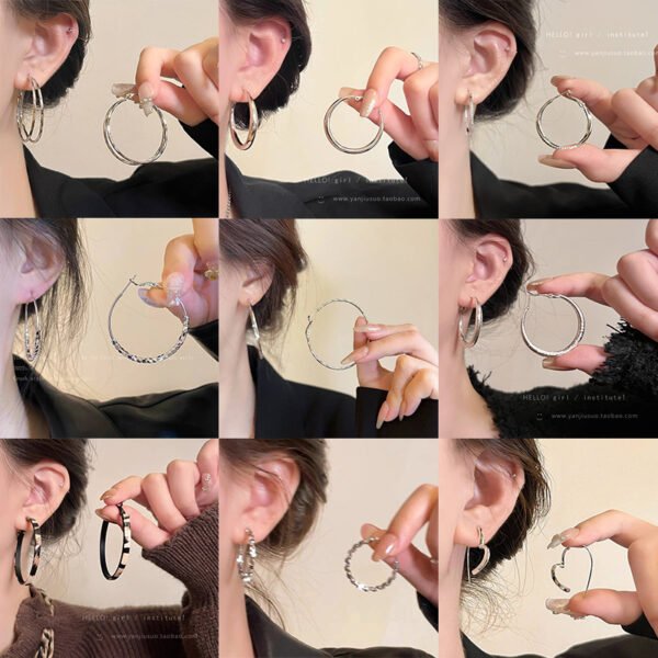 S925 silver needle European and American exaggerated plain ring earrings, women's high-end sense of round face, thin earrings, fashionable personality, versatile earrings