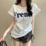 Cotton 2023 letter printed T-shirt women's summer new women's clothing tee loose Korean curling mid-length round neck top - Image 6