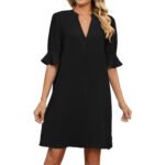 Solid V-neck Loose Pleated 5/4 Sleeve Dress - Image 3