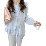 Korean foreign trade ladies ins cotton double-layer gauze new French style solid color pajamas long-sleeved round neck home service suit - Image 5