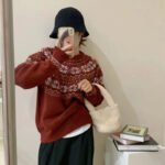 Retro jacquard soft waxy sweater women's 2022 autumn and winter new Japanese style lazy style loose round neck pullover sweater thick - Image 2