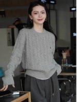 Gray embroidered pony twist round neck pullover sweater women's autumn and winter with soft glutinous knitwear base top spring and autumn - Image 3