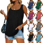 2024 Amazon's new wish European and American popular summer sleeveless square neck solid color vest T-shirt cross-border foreign trade women