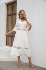 Solid V-neck hollowed out lace patchwork medium sleeved loose fitting dress - Image 3