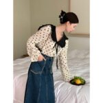 Aisili 2023 spring new long-sleeved color-blocking cardigan top Korean version of sweet wave-dot shirt women wholesale 8155