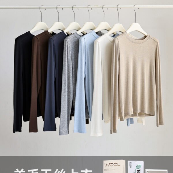 Wool Tencel base shirt women's spring and autumn long sleeves with round necks, high elasticity, slim and slim, casual wear top T-shirt