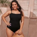 2022 European and American sexy large size one-piece swimsuit black lace suspenders conservative triangle fat mm swimsuit on behalf of