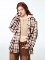Pink brown retro plaid brushed loose casual shirt - Image 2