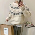 Retro jacquard soft waxy sweater women's 2022 autumn and winter new Japanese style lazy style loose round neck pullover sweater thick - Image 4