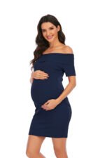6175# in stock! New Maternity Skirt Amazon eBay Europe and America Solid Color One Shoulder Short Sleeve Dress - Image 3