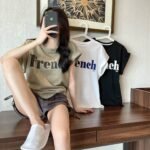 Cotton 2023 letter printed T-shirt women's summer new women's clothing tee loose Korean curling mid-length round neck top - Image 4