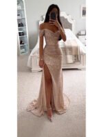 Cross-border hot foreign trade women's clothing independent station polyester sexy fine flash slit prom dress sequin dress new products - Image 4
