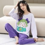 Women's pajamas spring and autumn cotton long-sleeved trousers round neck new simple and sweet Korean version can be worn outside home service suit - Image 3