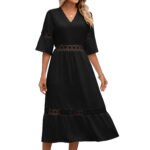 Solid V-neck hollowed out lace patchwork medium sleeved loose fitting dress - Image 5