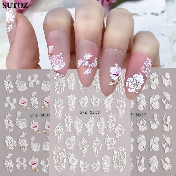 Cross-border new nail art stickers 5d three-dimensional carved hollow white bridal nail lace butterfly flower nail stickers