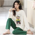 Women's pajamas spring and autumn cotton long-sleeved trousers round neck new simple and sweet Korean version can be worn outside home service suit - Image 9