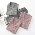 Japanese unprinted style double-layer cotton yarn couple pajamas women's spring and summer cotton cardigan long-sleeved men's pure cotton home service suit