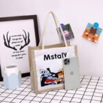 Japanese hand-held canvas women's bag trendy Korean cartoon printing bento handbag large-capacity simple check linen bag - Image 3