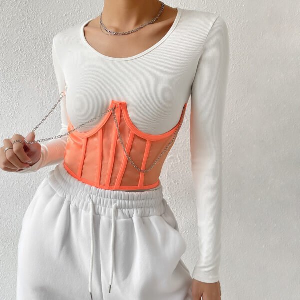 European and American wind mesh stitching chain sexy wrap chest waist sexy inner fishbone steel ring waist seal vest 8970