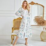 autumn and winter hot style European and American women's nightdress woven four-sided bomb printing long-sleeved long home wear dress