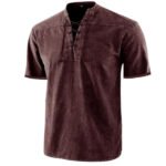 Europe and America Amazon Men's New Solid Color Retro Lace-Up Collar Casual Short Sleeve Shirt - Image 5