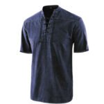 Europe and America Amazon Men's New Solid Color Retro Lace-Up Collar Casual Short Sleeve Shirt - Image 6
