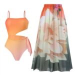 2023 European and American new one-piece swimsuit women's tight and thin retro foreign trade strappy swimsuit suit chiffon long skirt