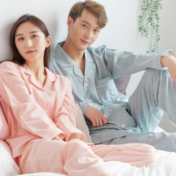 Couple home clothes spring and autumn solid color summer double-layer color spinning cotton yarn men and women pajamas suit couple home clothes