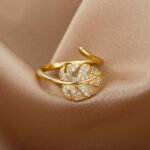 Cross-border hot sale 18K gold-plated full diamond light luxury non-fading opening ring women's zircon leaf ring women's high-end sense - Image 2